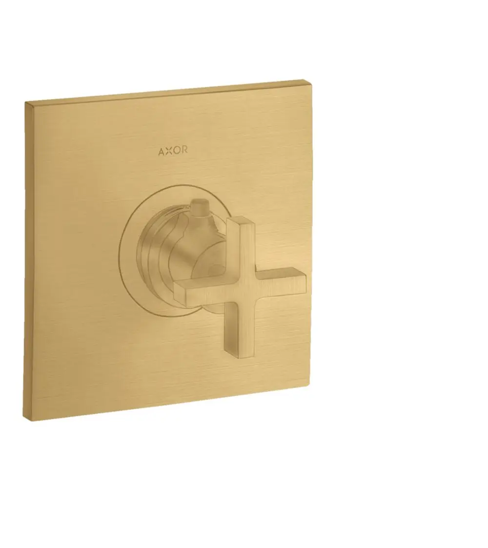 Unterputz-Thermostat mit Kreuzgriff in brushed gold Optik von AXOR. Quadratische Platte mit feiner Oberfläche und zentralem Bedienelement.